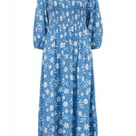 Vestido Raquel Shirred Blue Vintage Block Floral - ECRU