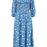 Vestido Raquel Shirred Blue Vintage Block Floral - ECRU