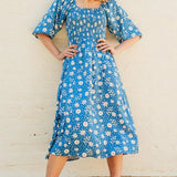 Vestido Raquel Shirred Blue Vintage Block Floral - ECRU