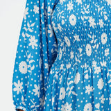 Vestido Raquel Shirred Blue Vintage Block Floral - ECRU