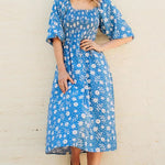 Vestido Raquel Shirred Blue Vintage Block Floral - ECRU