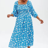 Vestido Raquel Shirred Blue Vintage Block Floral - ECRU