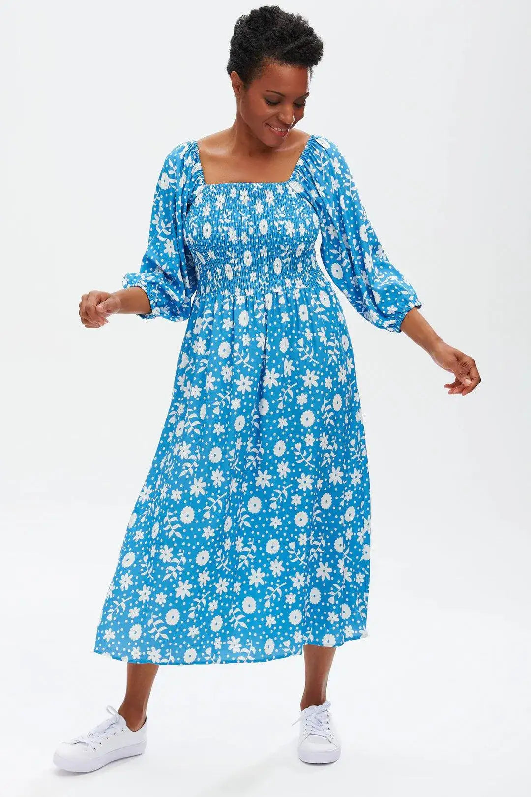 Vestido Raquel Shirred Blue Vintage Block Floral - ECRU