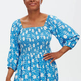 Vestido Raquel Shirred Blue Vintage Block Floral - ECRU