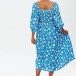 Vestido Raquel Shirred Blue Vintage Block Floral - ECRU