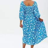Vestido Raquel Shirred Blue Vintage Block Floral - ECRU