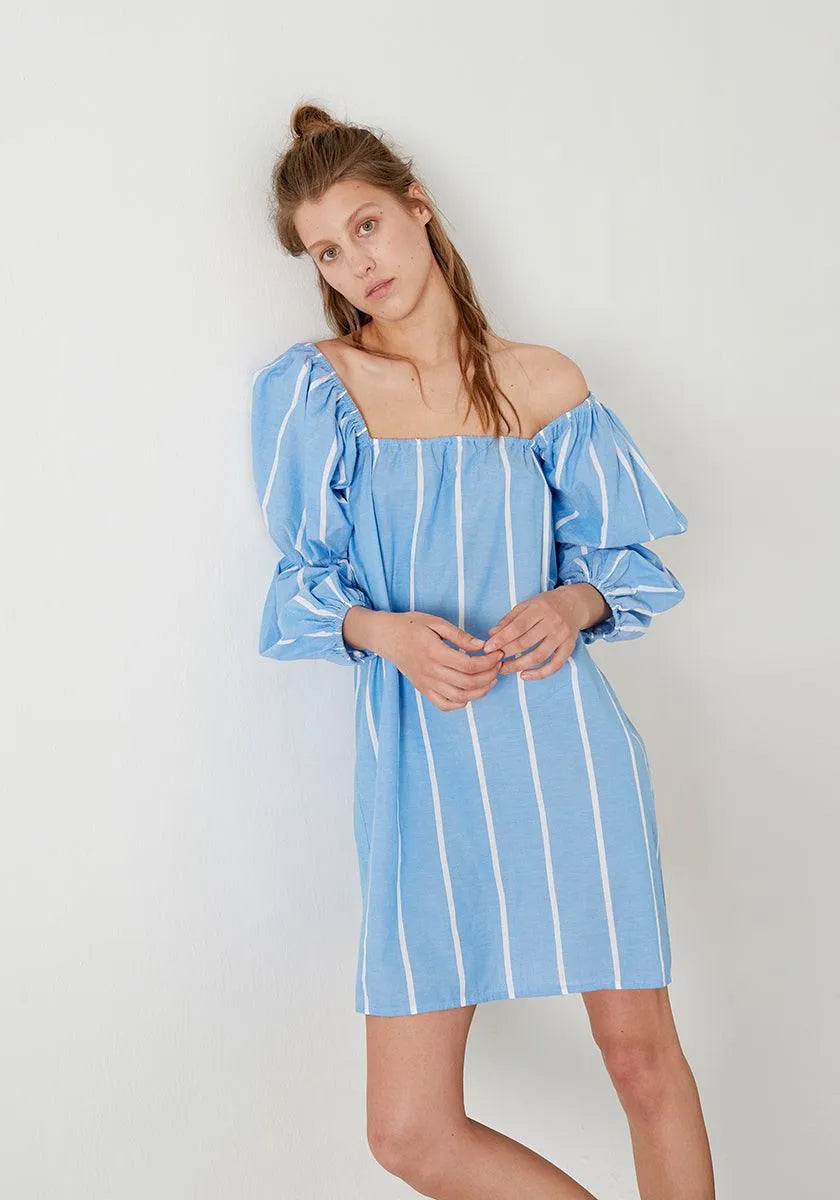 Vestido recto tejido vaquero con rayas verticales - ECRU