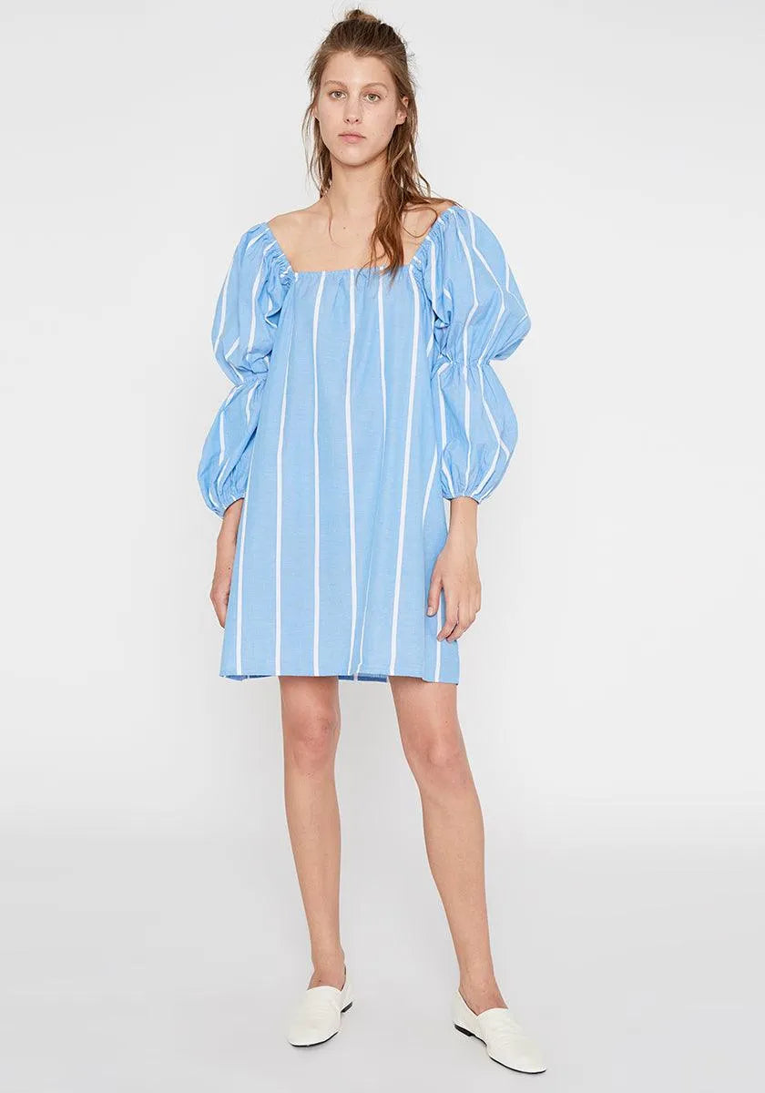 Vestido recto tejido vaquero con rayas verticales - ECRU