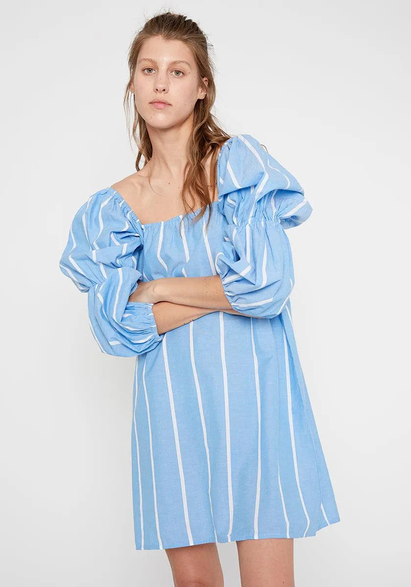 Vestido recto tejido vaquero con rayas verticales - ECRU