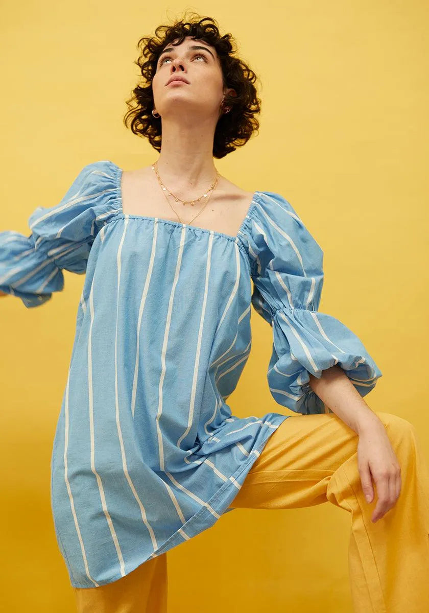 Vestido recto tejido vaquero con rayas verticales - ECRU