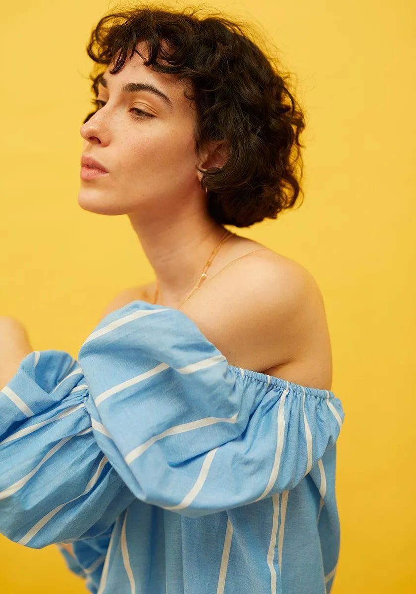 Vestido recto tejido vaquero con rayas verticales - ECRU