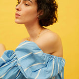 Vestido recto tejido vaquero con rayas verticales - ECRU