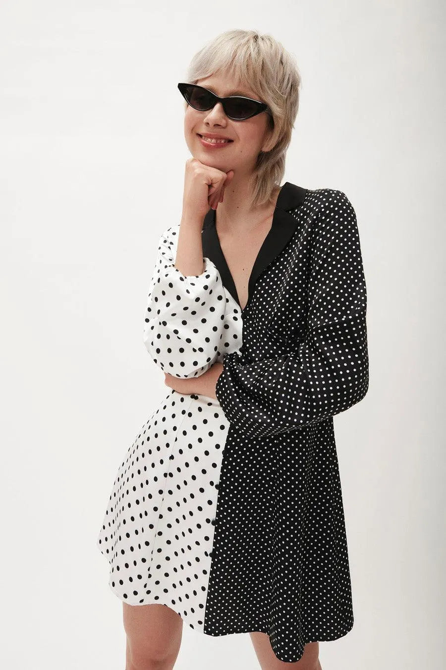 Vestido satinado lunares - ECRU