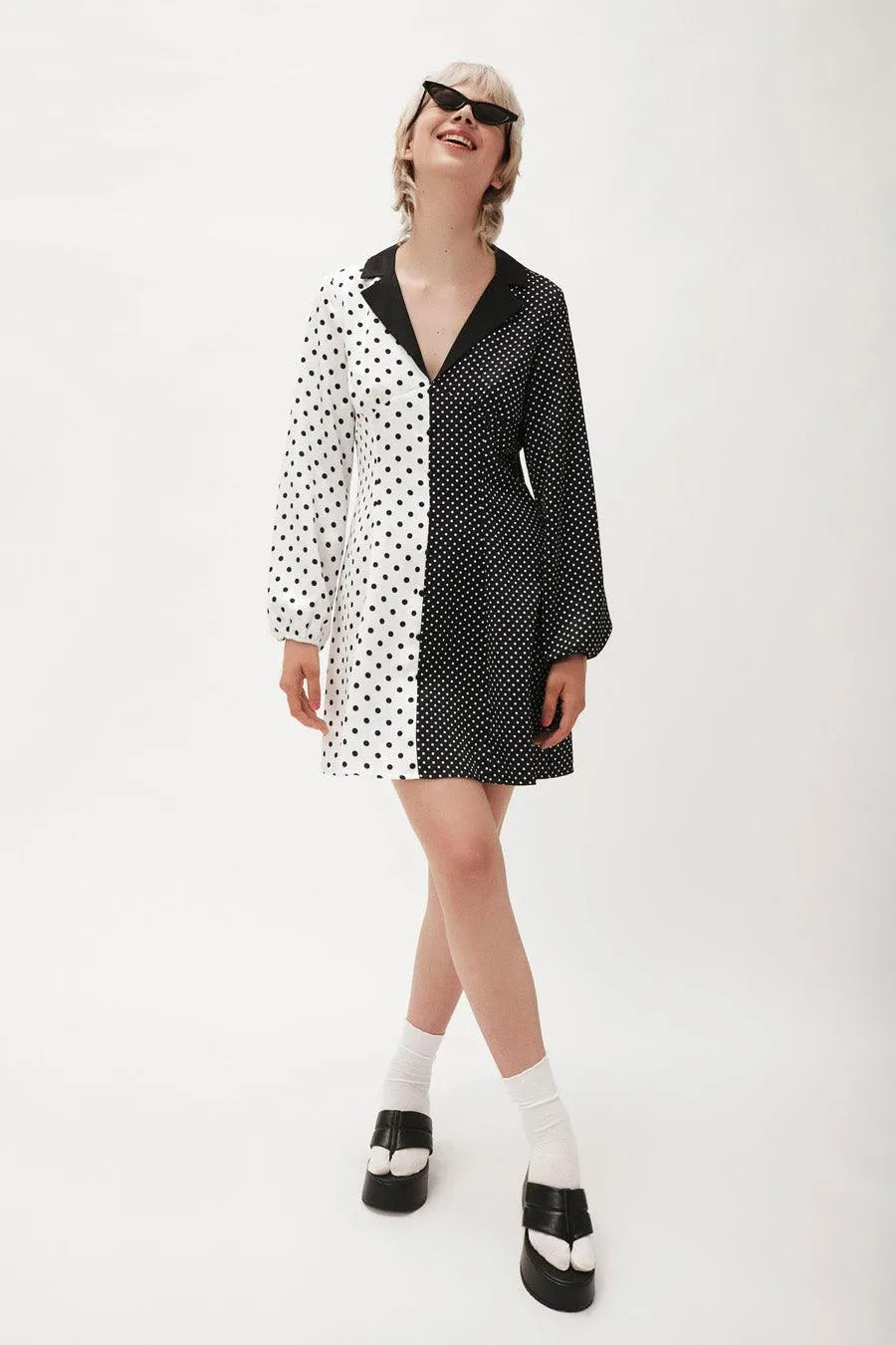 Vestido satinado lunares - ECRU