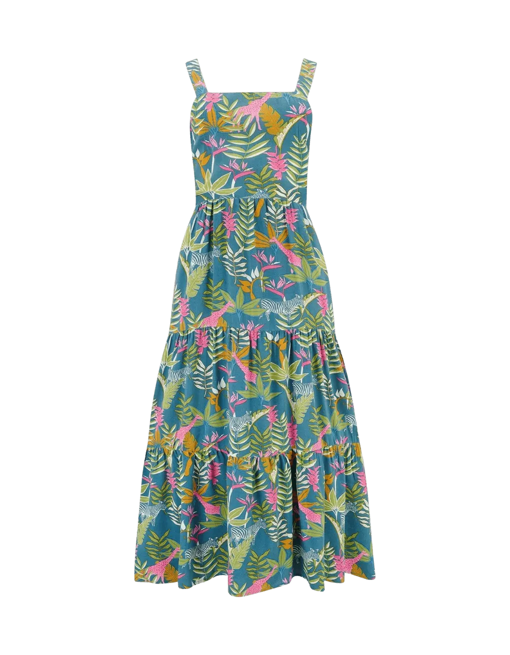 Vestido Sugarhill Elora Tiered Teal Paradise Jungle - ECRU