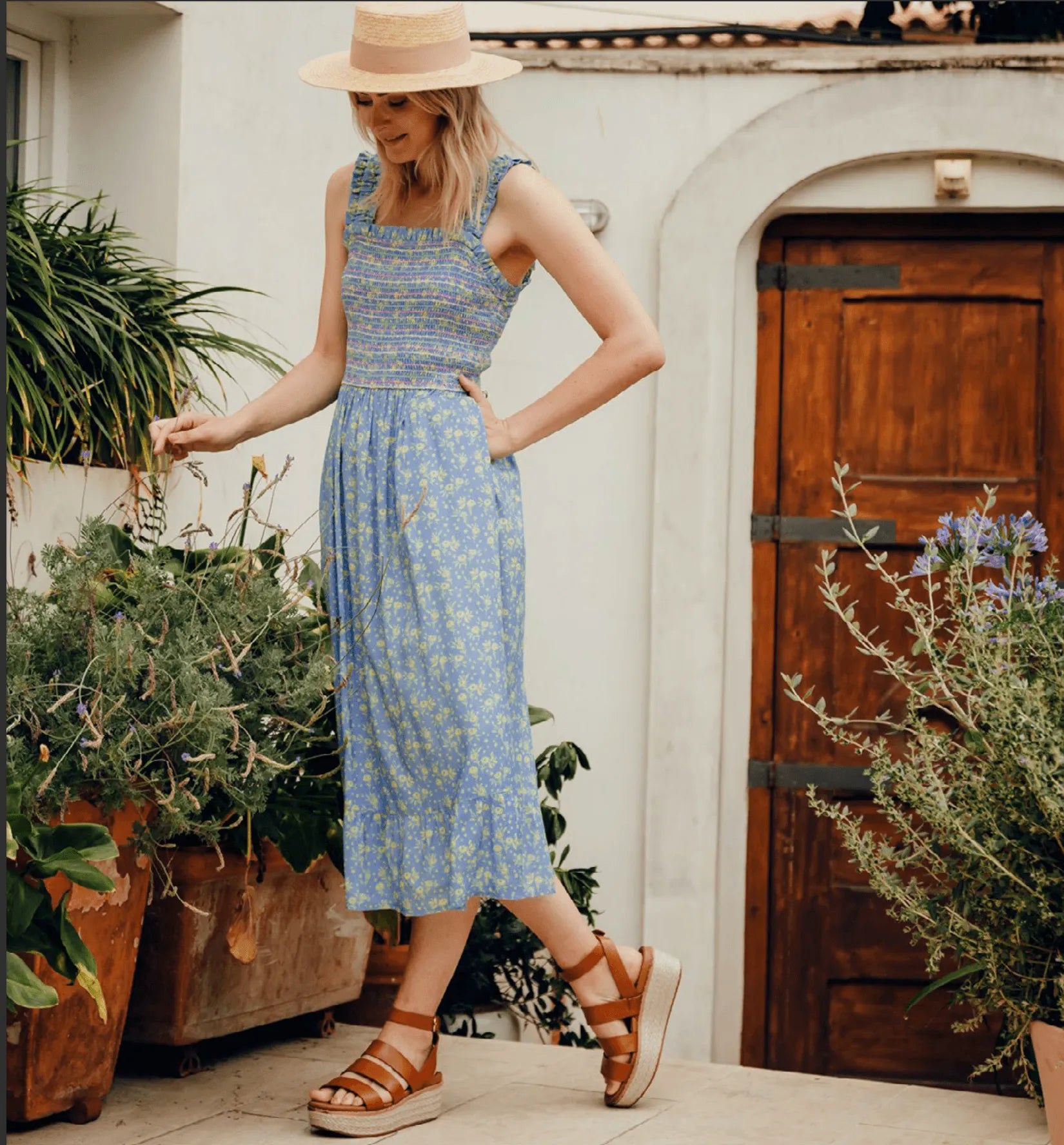 Vestido Sugarhill Ember Shirred Blue Lemon Star Meadow - ECRU