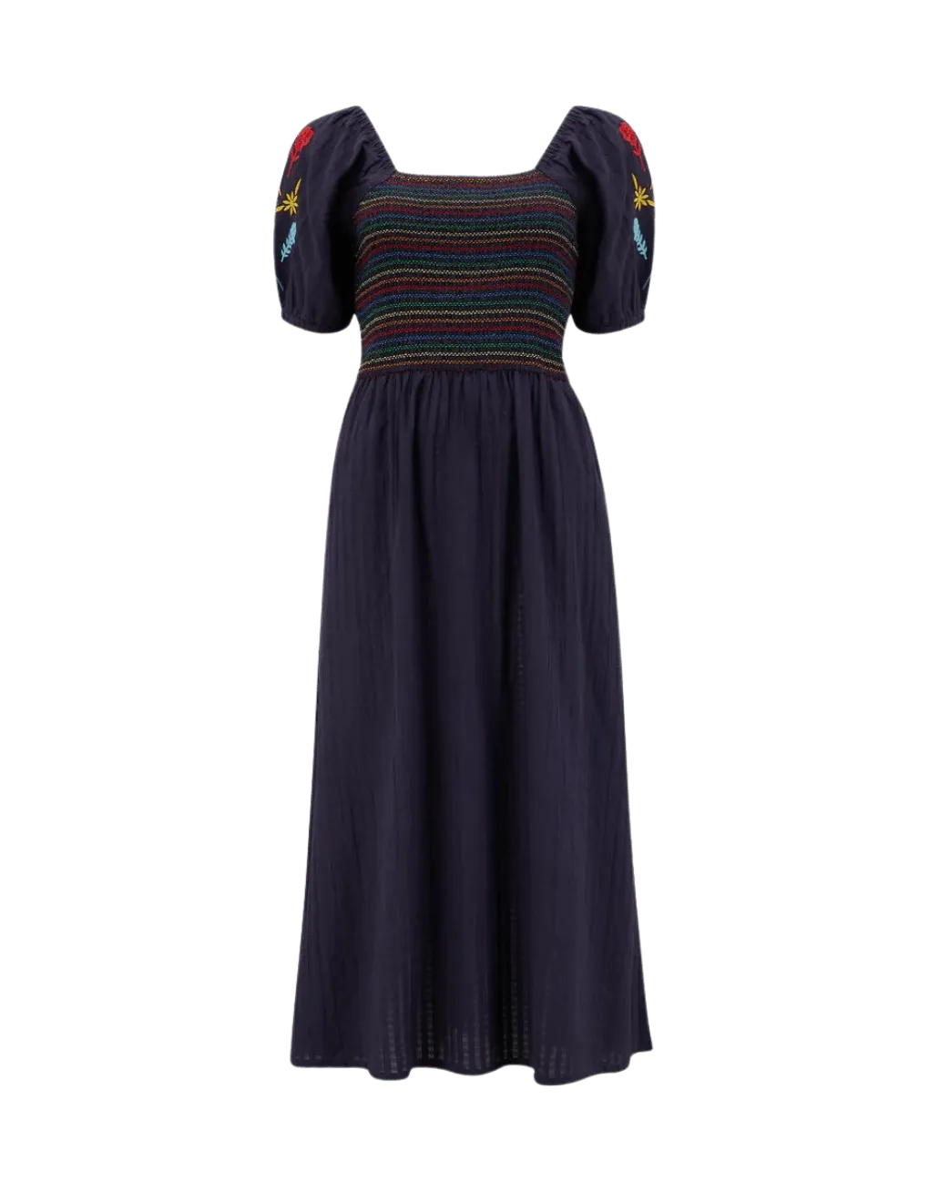 Vestido Sugarhill Lillibet Shirred Navy Rainbow Flowers - ECRU