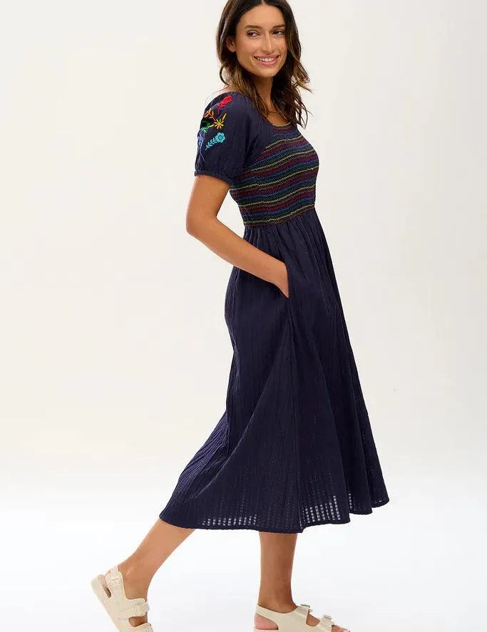Vestido Sugarhill Lillibet Shirred Navy Rainbow Flowers - ECRU
