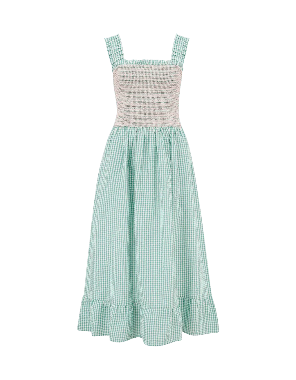 Vestido Sugarhill Maddy Shirred Sundress Green Gingham - ECRU