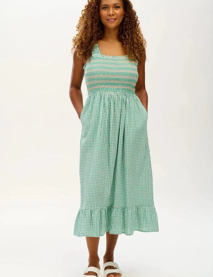 Vestido Sugarhill Maddy Shirred Sundress Green Gingham - ECRU