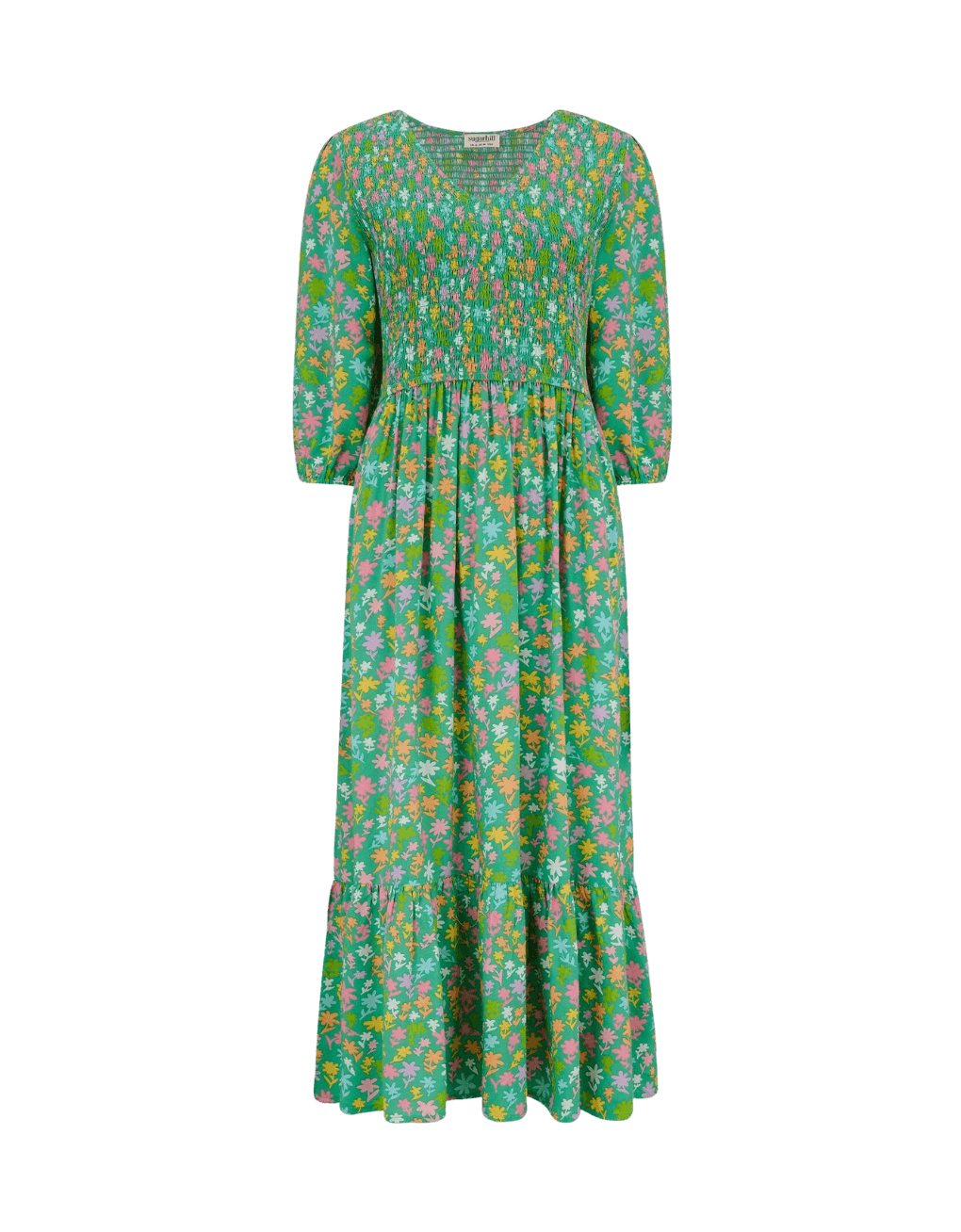 Vestido Sugarhill Magdalene Midi Shirred Green Soft Rainbow Floral - ECRU