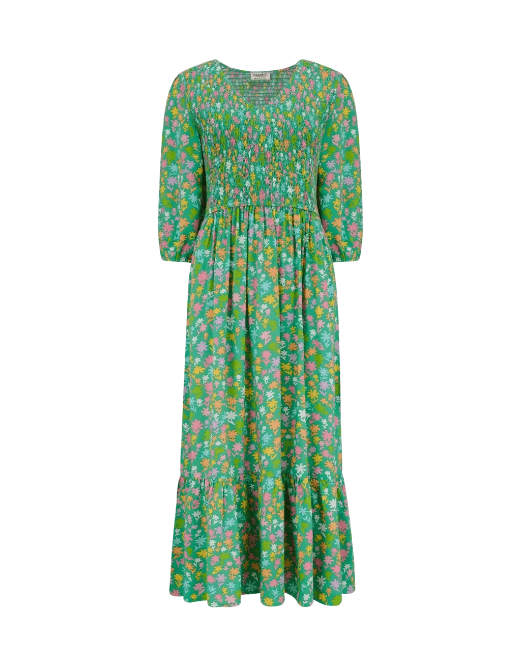 Vestido Sugarhill Magdalene Midi Shirred Green Soft Rainbow Floral - ECRU