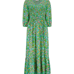Vestido Sugarhill Magdalene Midi Shirred Green Soft Rainbow Floral - ECRU