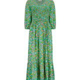 Vestido Sugarhill Magdalene Midi Shirred Green Soft Rainbow Floral - ECRU