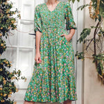 Vestido Sugarhill Magdalene Midi Shirred Green Soft Rainbow Floral - ECRU