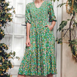 Vestido Sugarhill Magdalene Midi Shirred Green Soft Rainbow Floral - ECRU
