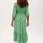 Vestido Sugarhill Magdalene Midi Shirred Green Soft Rainbow Floral - ECRU