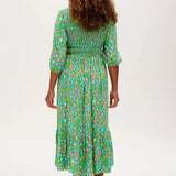 Vestido Sugarhill Magdalene Midi Shirred Green Soft Rainbow Floral - ECRU