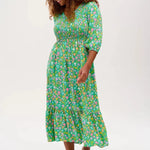 Vestido Sugarhill Magdalene Midi Shirred Green Soft Rainbow Floral - ECRU