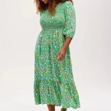Vestido Sugarhill Magdalene Midi Shirred Green Soft Rainbow Floral - ECRU