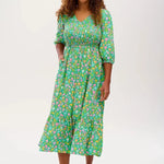 Vestido Sugarhill Magdalene Midi Shirred Green Soft Rainbow Floral - ECRU