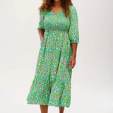 Vestido Sugarhill Magdalene Midi Shirred Green Soft Rainbow Floral - ECRU