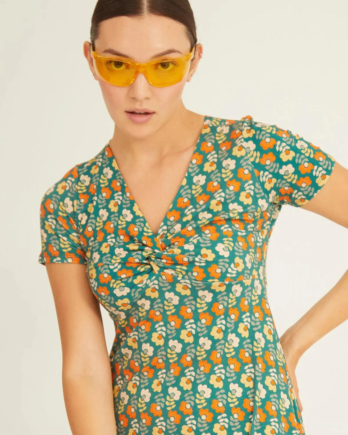 Vestido Xantik Nudo Manga Corta Flower Leaves - ECRU